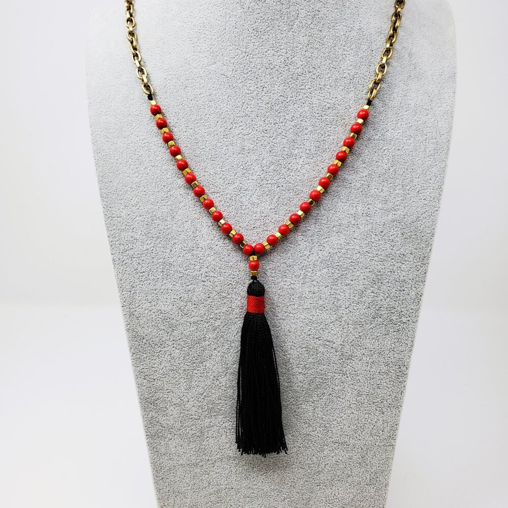 Red Bead and Black Tassel Necklace